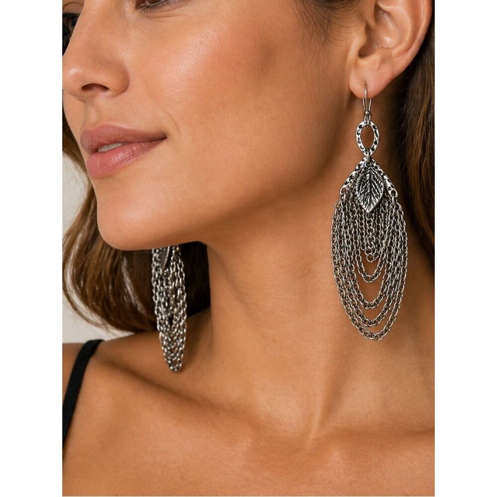 2/$20 Silver leaf and chain metal drop dangle earrings